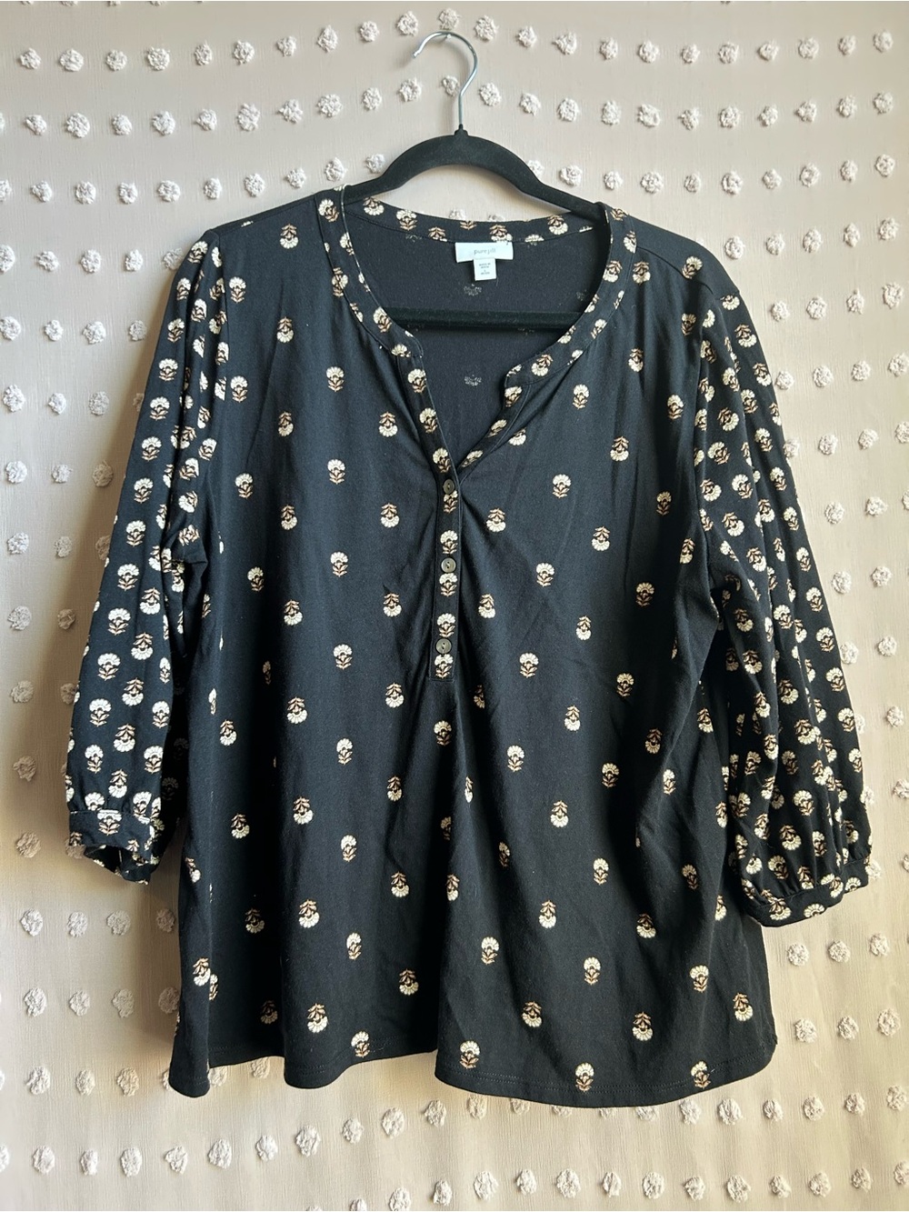 J. Jill Pure Jill Long Sleeve Floral Henley Cotton Sz LP Black